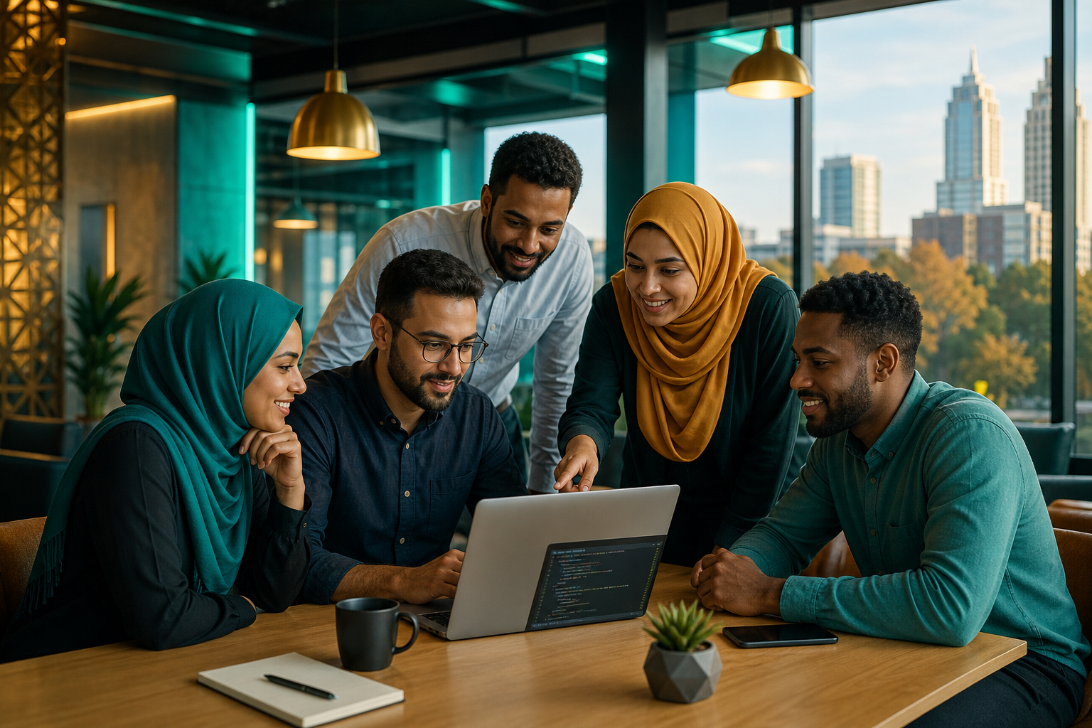 Diverse Muslim tech professionals collaborating around a laptop in a modern workspace