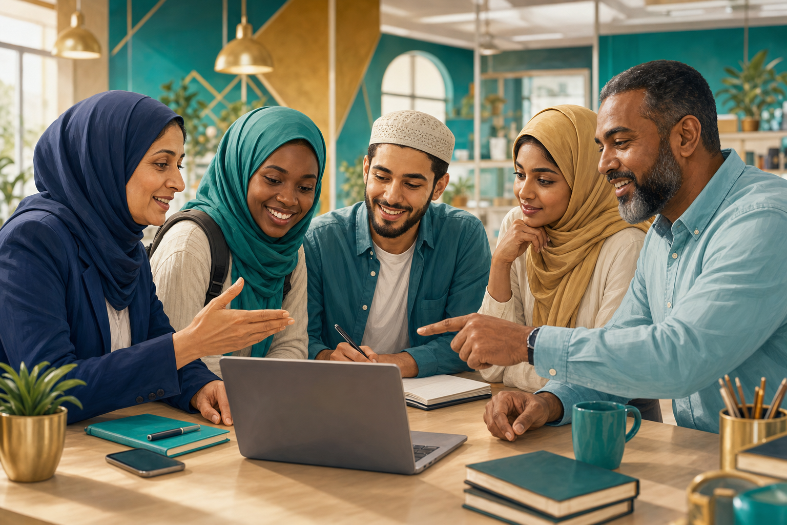 Diverse group of Muslim professionals and students in a mentorship circle around a laptop