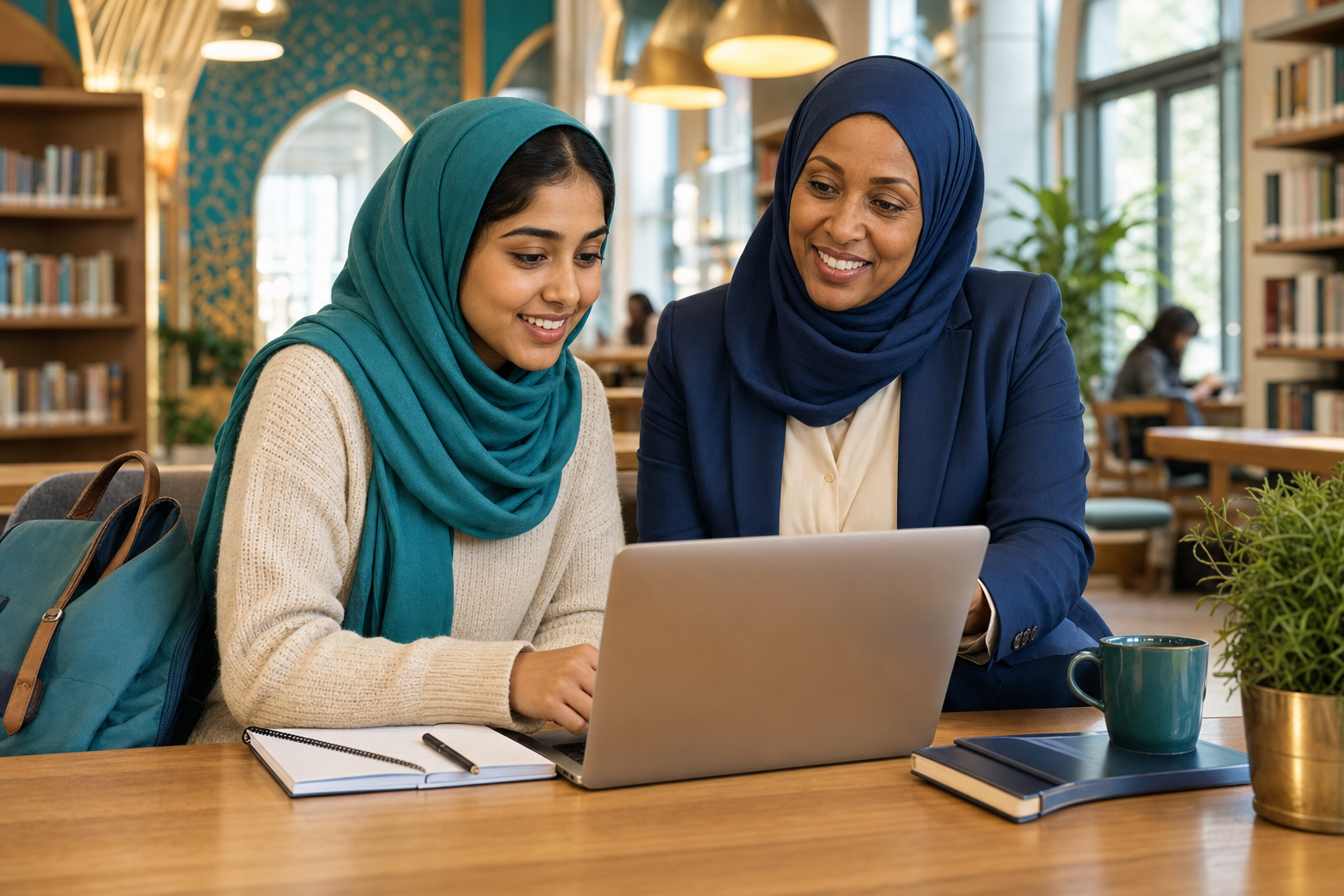 Muslim college student and professional woman mentor learning together at a laptop