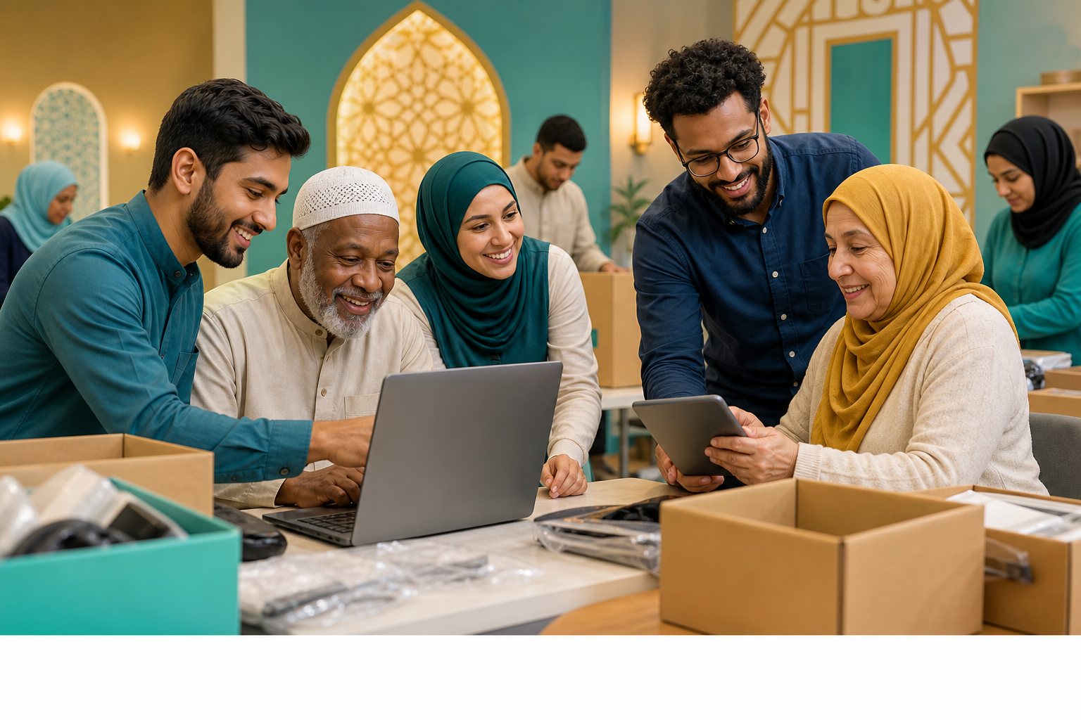 Diverse Muslim volunteers serving the community through technology and collaboration